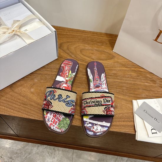 Christian Dior Round-Toe Flat Slip-On Sandals with Embroidered Logo