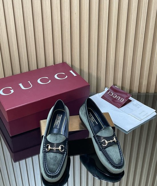 Gucci Velvet Leather Loafers with Metal Decor