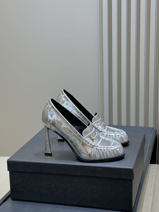 Yves Saint Laurent Patent Leather Block Heel Loafers with Logo Detail