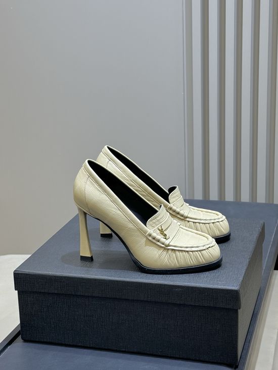 Yves Saint Laurent Patent Leather Block Heel Loafers with Logo Detail