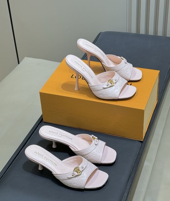 Louis Vuitton LV Monogram Embossed High Heel Mules with Metal Accent