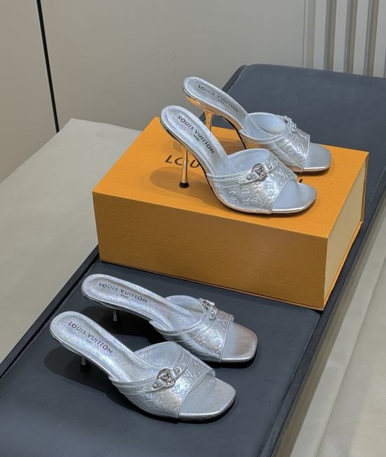 Louis Vuitton LV Monogram Embossed High Heel Mules with Metal Accent