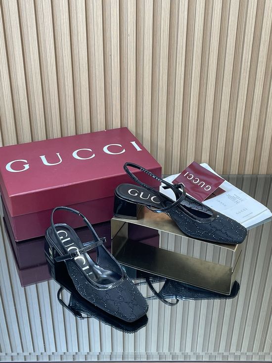 Gucci Rhinestone Mesh Block Heel Mary Jane Shoes With Ankle Strap