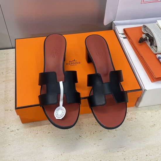 Hermes Block Heel Open Toe Slide Sandals Genuine Leather Upper