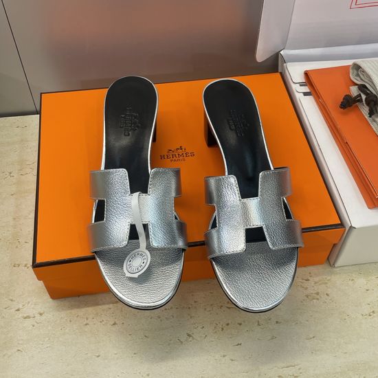 Hermes Block Heel Open Toe Slide Sandals Genuine Leather Upper