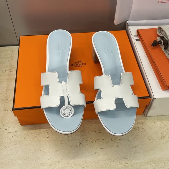 Hermes Block Heel Open Toe Slide Sandals Genuine Leather Upper