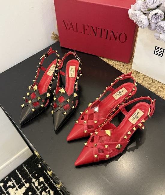 Valentino Pointed Toe Rivet Mid Heel Leather Pumps