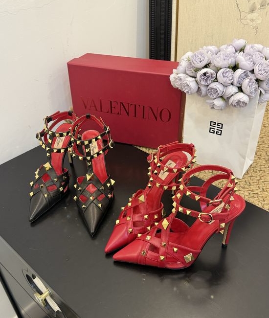 Valentino Pointed Toe Rivet Mid Heel Leather Pumps