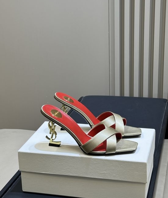 Yves Saint Laurent YSL Elegant Satin High Heel Mules with Logo Heel