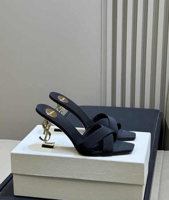 Yves Saint Laurent YSL Elegant Satin High Heel Mules with Logo Heel