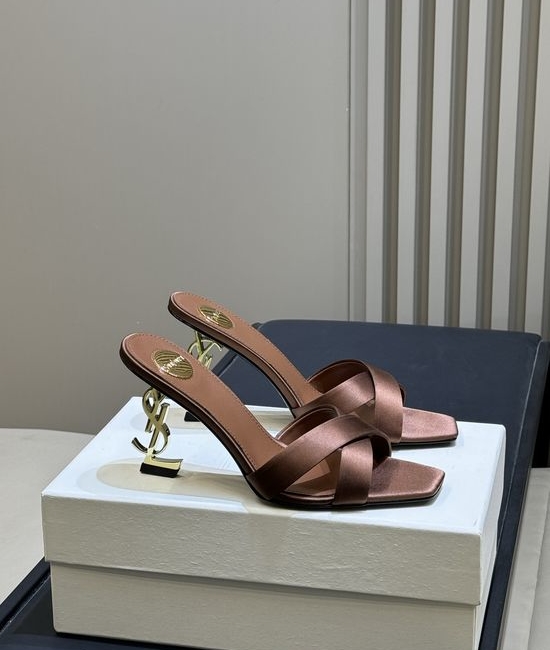 Yves Saint Laurent YSL Elegant Satin High Heel Mules with Logo Heel