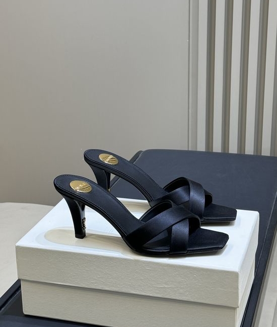 Yves Saint Laurent YSL Elegant Satin High Heel Mules with Decorative Heel