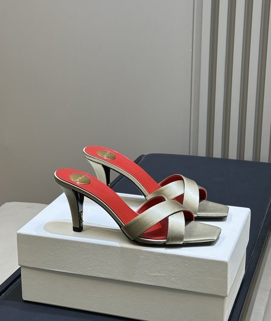 Yves Saint Laurent YSL Elegant Satin High Heel Mules with Decorative Heel