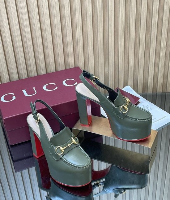 Gucci Embossed Leather Block Heel Slingback Loafers with Buckle