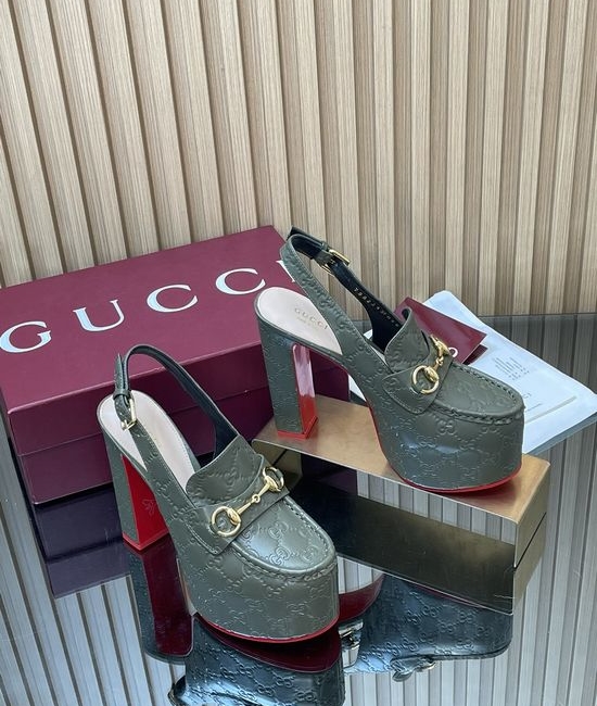 Gucci Embossed Leather Block Heel Slingback Loafers with Buckle
