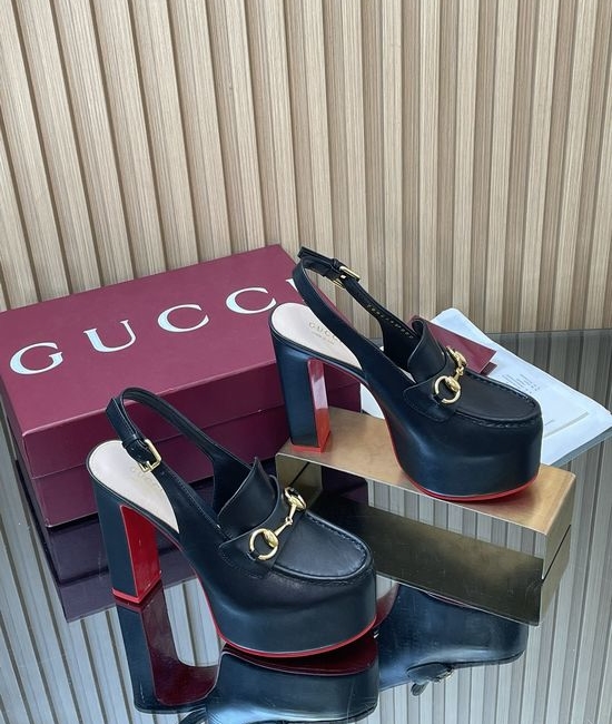 Gucci Embossed Leather Block Heel Slingback Loafers with Buckle