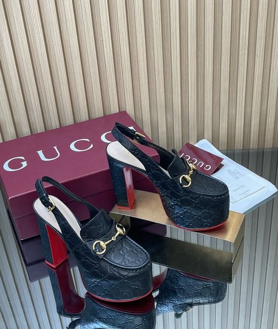 Gucci Embossed Leather Block Heel Slingback Loafers with Buckle