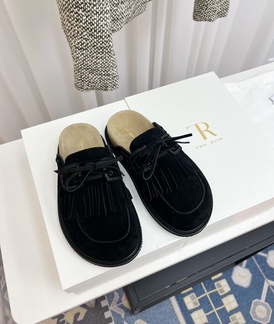 The Row Suede Fringe Closed Toe Slides With Non-slip Sole
