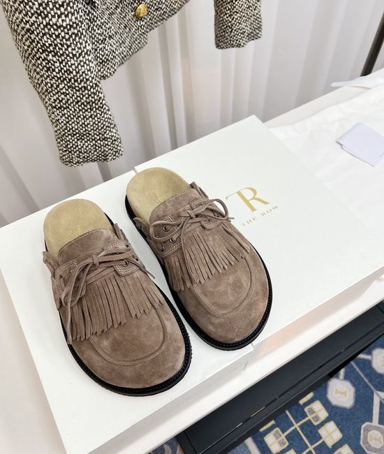 The Row Suede Fringe Closed Toe Slides With Non-slip Sole