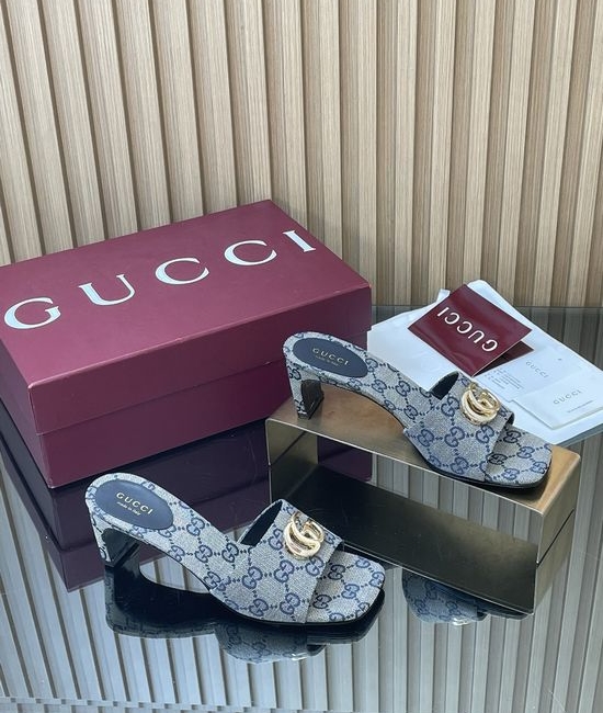 Gucci Vintage Buckle Chunky Heel Leather Slide Sandals