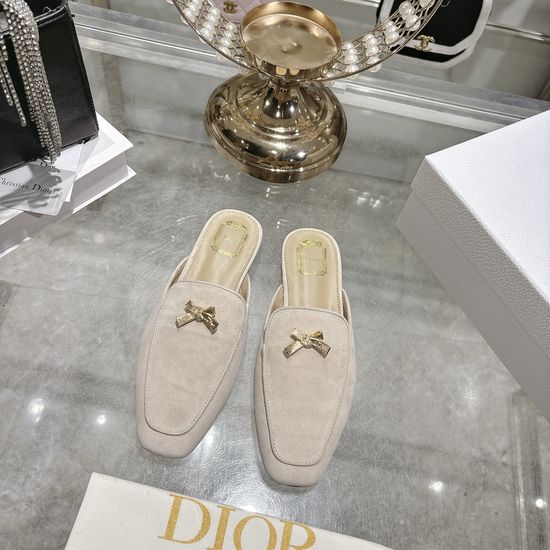 Christian Dior Bow Decor Leather Pointed Toe Mule Flat Slippers