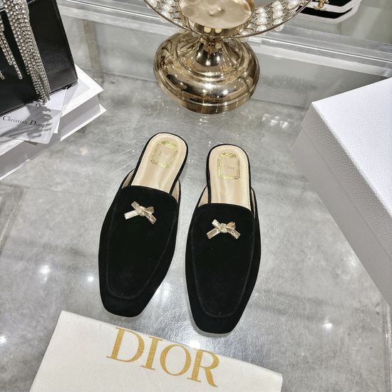 Christian Dior Bow Decor Leather Pointed Toe Mule Flat Slippers
