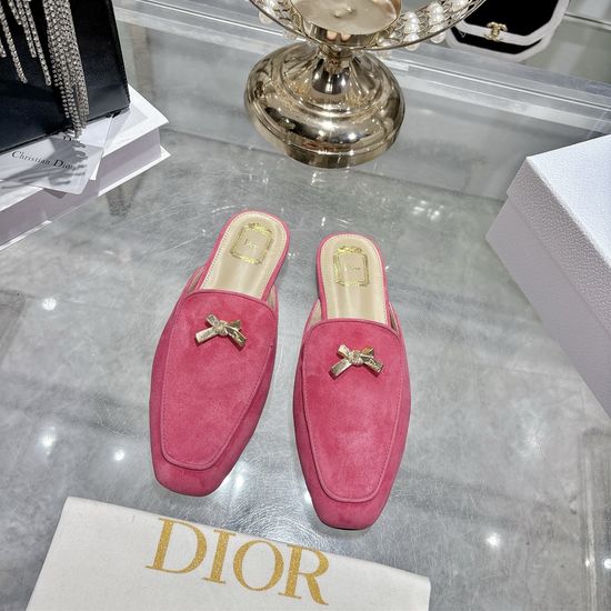 Christian Dior Bow Decor Leather Pointed Toe Mule Flat Slippers
