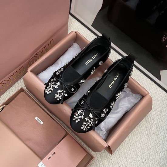 Miu Miu Satin Bow Rhinestone Decor Comfortable Flat Shoes