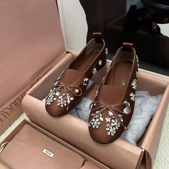 Miu Miu Satin Bow Rhinestone Decor Comfortable Flat Shoes
