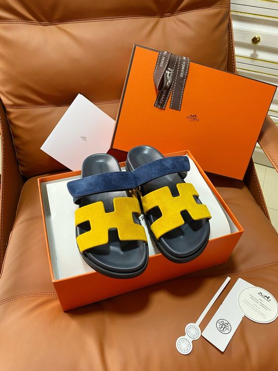 Hermes Premium Color Block Hook Loop Flat Slide Sandals