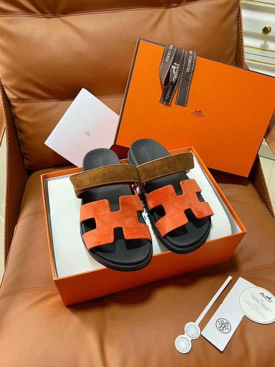 Hermes Premium Color Block Hook Loop Flat Slide Sandals