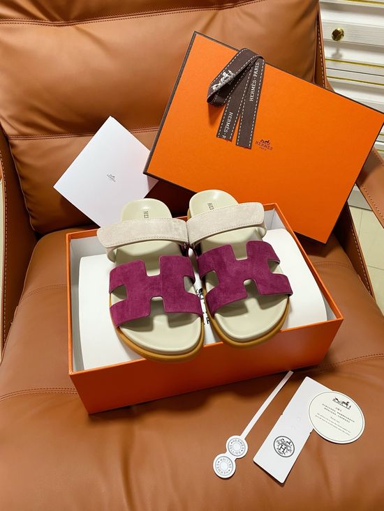 Hermes Premium Color Block Hook Loop Flat Slide Sandals