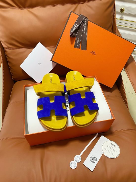 Hermes Premium Color Block Hook Loop Flat Slide Sandals