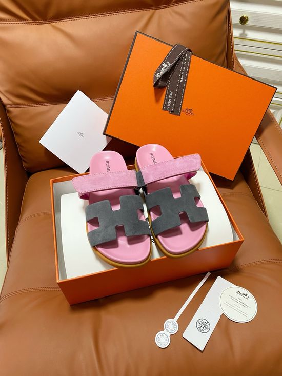 Hermes Premium Color Block Hook Loop Flat Slide Sandals
