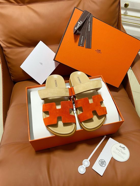 Hermes Premium Color Block Hook Loop Flat Slide Sandals