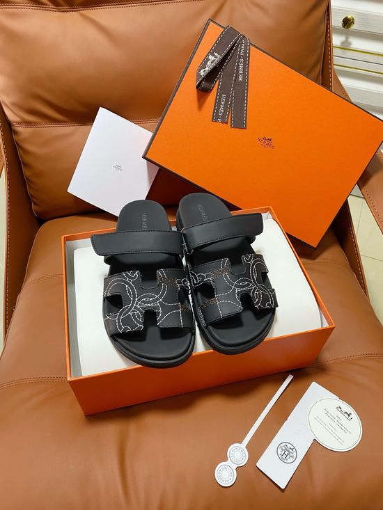 Hermes Premium Color Block Hook Loop Flat Slide Sandals