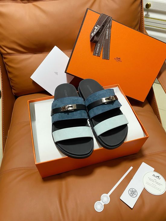 Hermes Premium Color Block Hook Loop Flat Slide Sandals