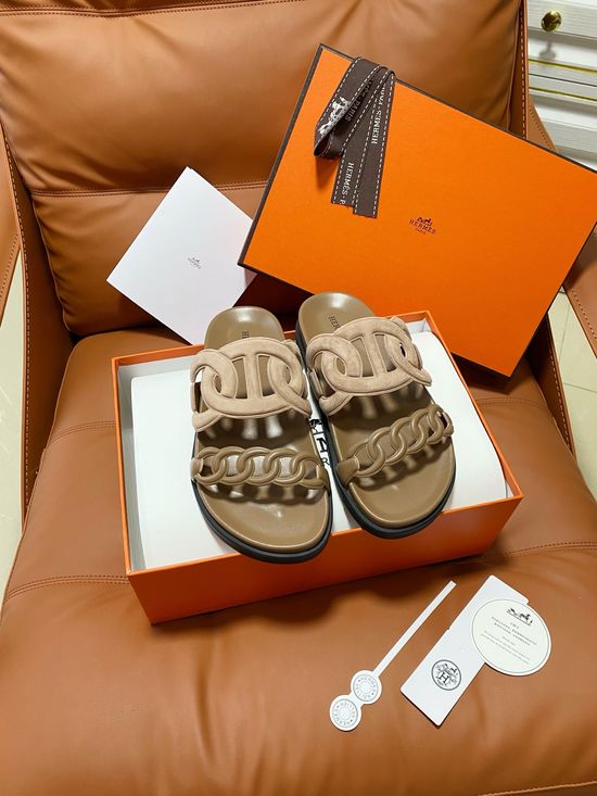Hermes Premium Color Block Hook Loop Flat Slide Sandals