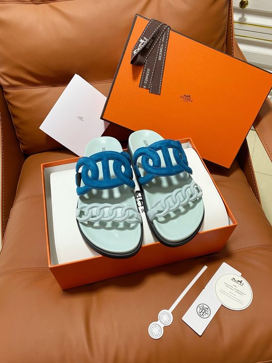 Hermes Premium Color Block Hook Loop Flat Slide Sandals