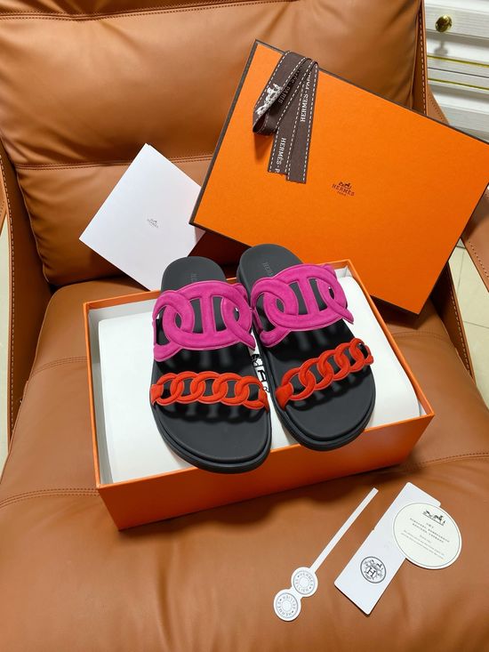 Hermes Premium Color Block Hook Loop Flat Slide Sandals