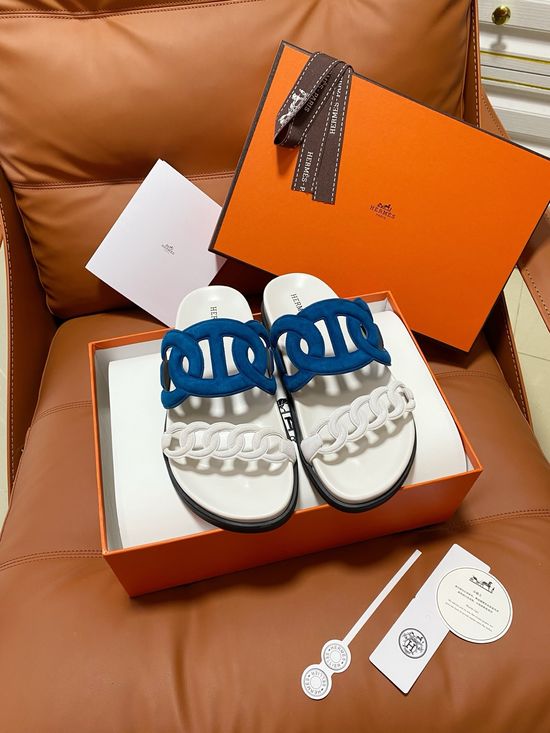 Hermes Premium Color Block Hook Loop Flat Slide Sandals
