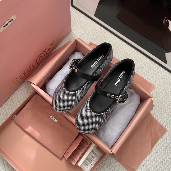 Miu Miu Rhinestone Decor Leather Classic Ballet Flats