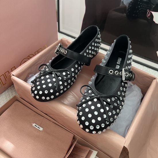 Miu Miu Rhinestone Decor Leather Classic Ballet Flats