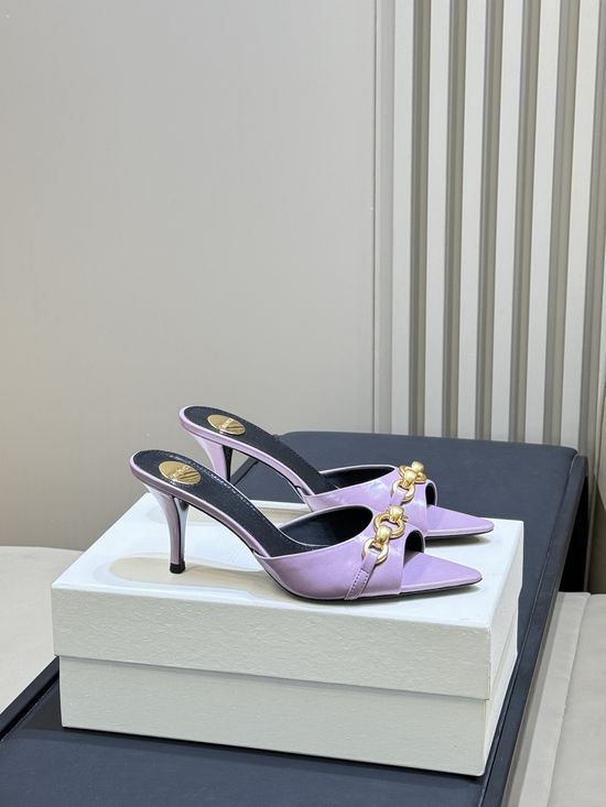 Yves Saint Laurent Chic Pointed Toe Block Heel Mules With Chain Detail