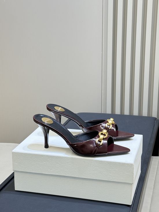 Yves Saint Laurent Chic Pointed Toe Block Heel Mules With Chain Detail