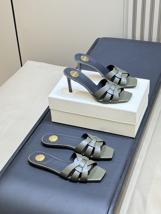 Yves Saint Laurent Woven Leather Square Toe Heeled Slide Sandals