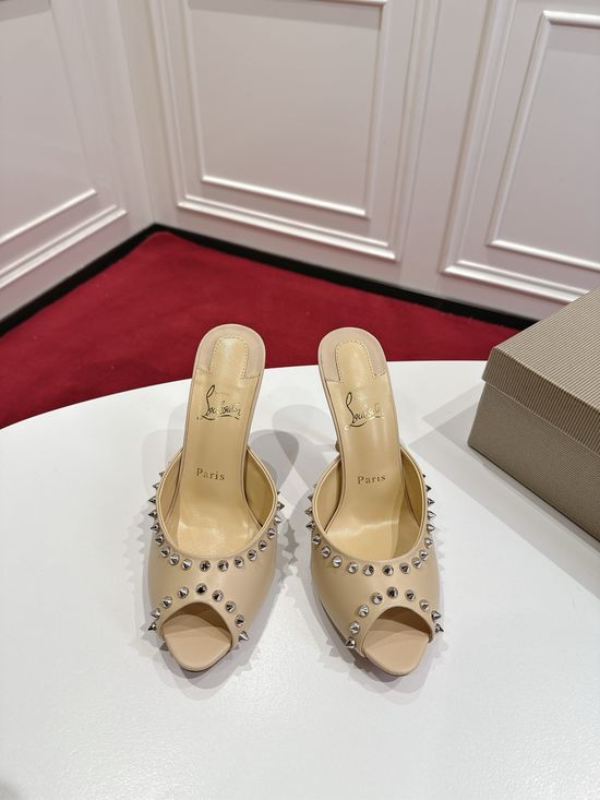 Christian Louboutine Premium Quality Open Toe Studded High Heel Slippers