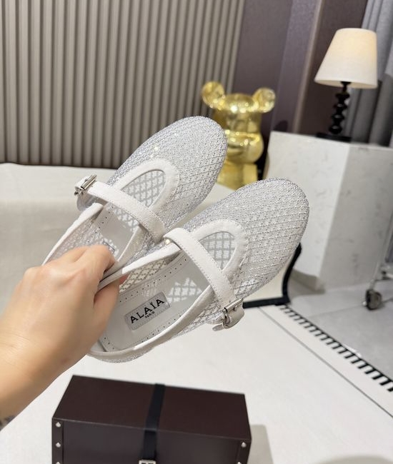 Alaia Mesh Rhinestone Buckle Strap Flat Ballet Shoes