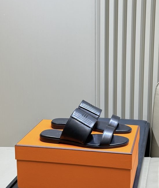 Hermes Classic Double Strap Leather Slides Comfortable Casual Footwear