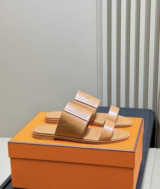 Hermes Classic Double Strap Leather Slides Comfortable Casual Footwear